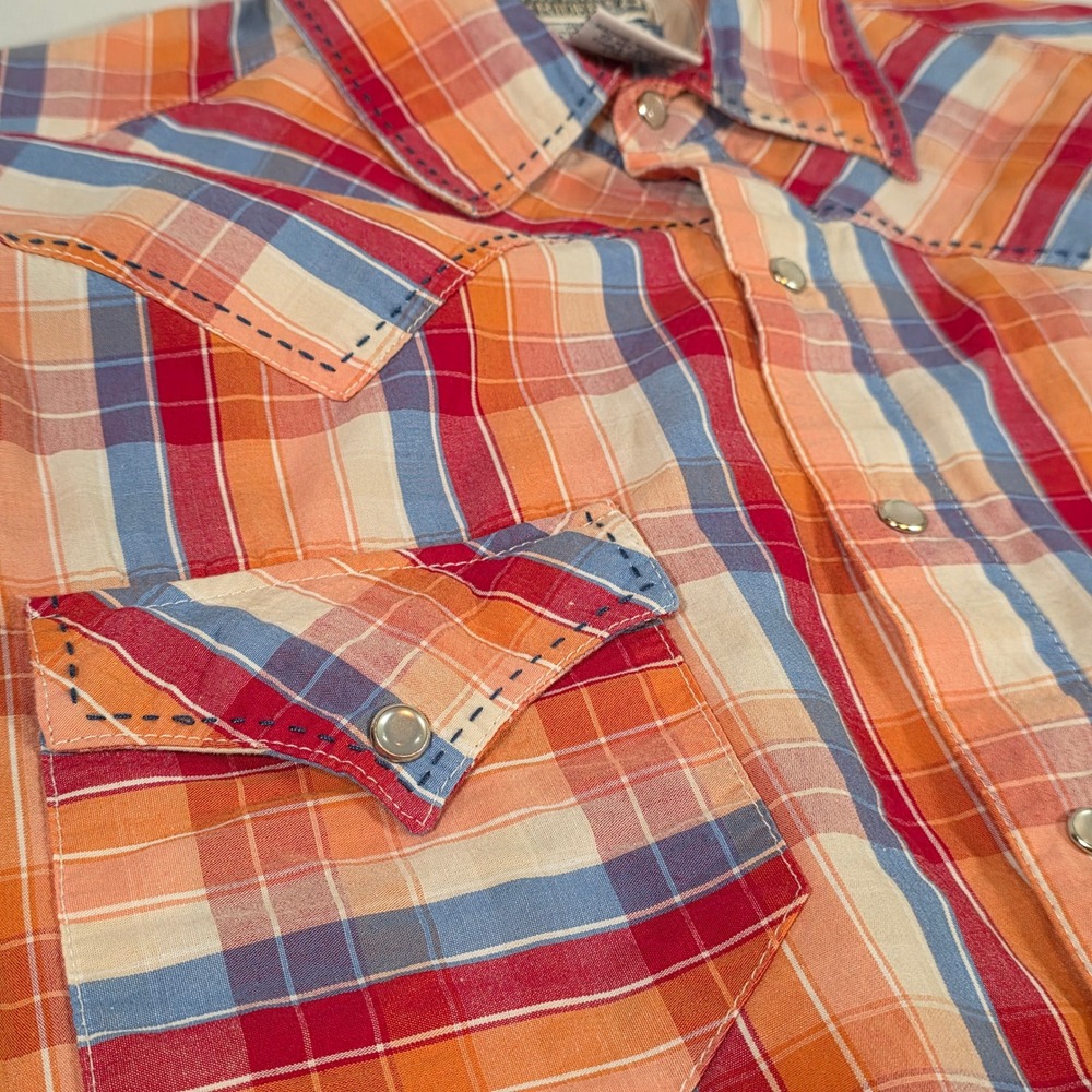 Express Rider XL Western Shirt Orange Plaid Pearl Snap Embroidered Bull Rider - Picture 5 of 9